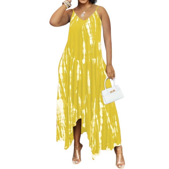 Passion Sunflower Loose Graffiti Tie - Dye V Neck Side Pocket Maxi Dress 4X-5X - Picture 3 of 10